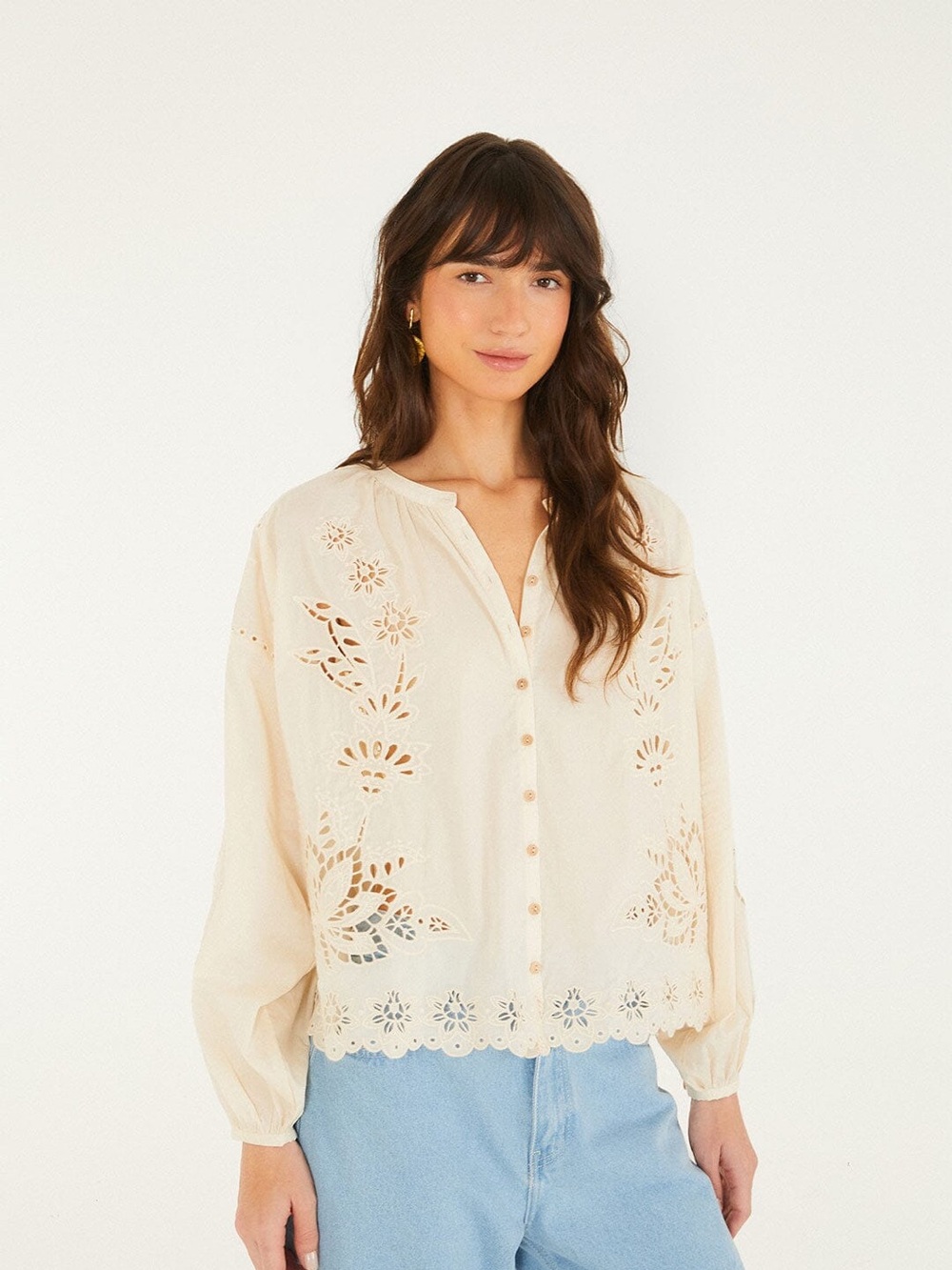 FARM Rio Cream Floral Embroidered Eyelet Blouse